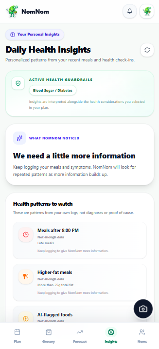 NomNom insights screen showing patterns to watch