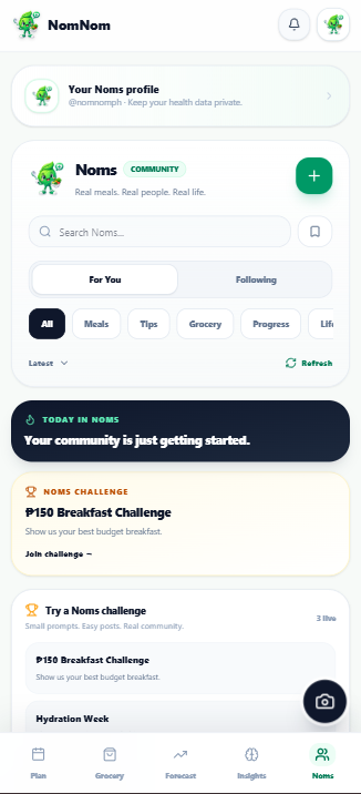 Noms community feed with search, categories, and challenges