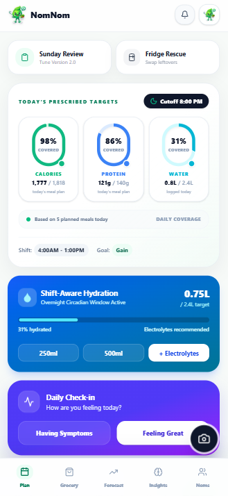 NomNom daily plan with nutrition targets, hydration, and check-in